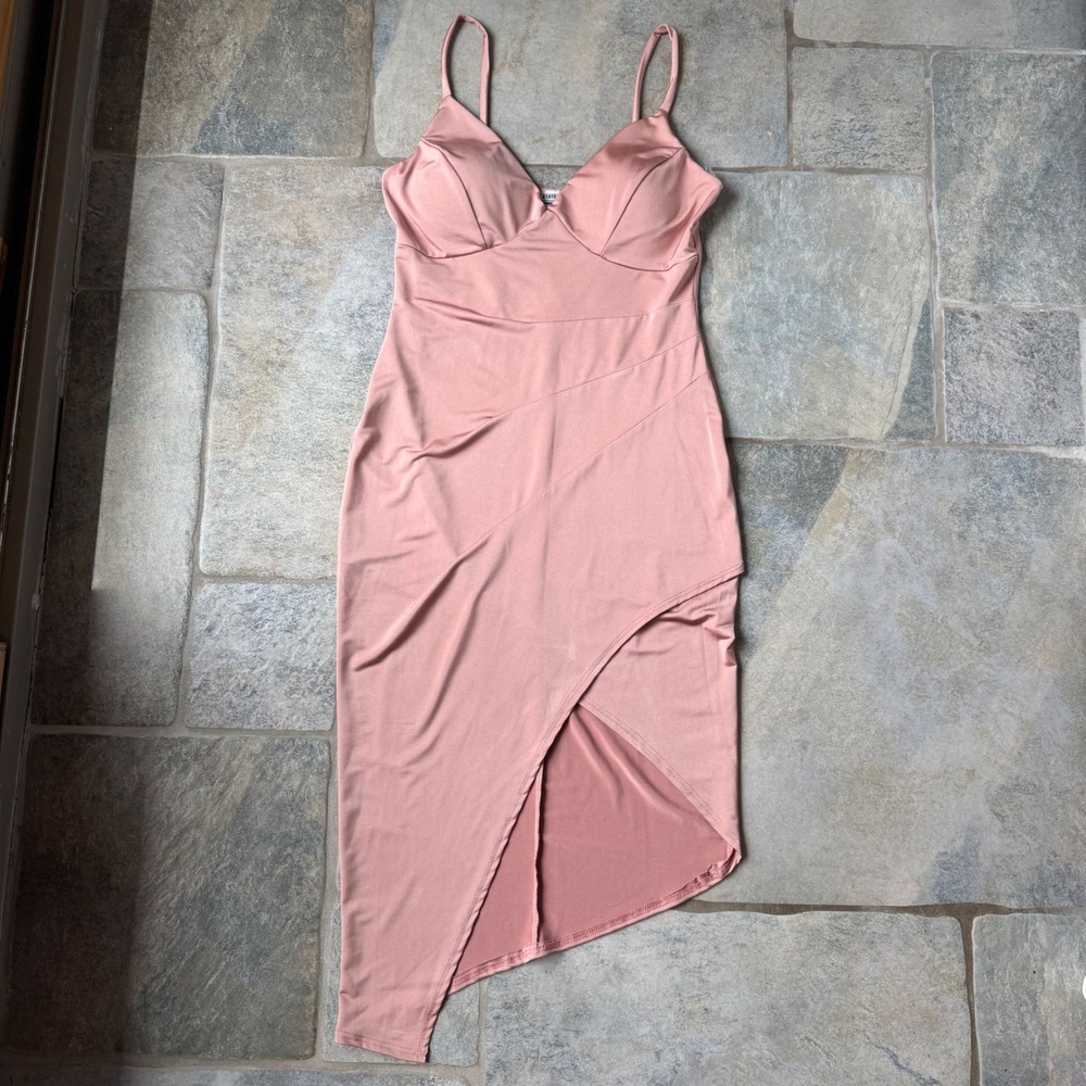 Fashion Nova Rose Gold Bodycon Y2K Club Dress‎ Size M Stretchy Asymmetrical NWT